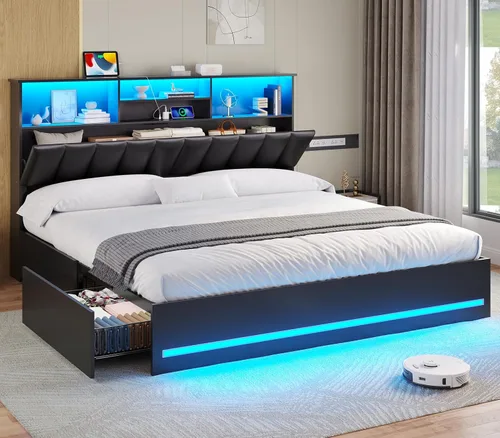 Vista 12 de VIAGDO Marcos de Cama Individuales con Cabecera de Estantería, Marco de Cama de Madera Tamaño Individual con Estación de Carga, 4 Cajones de Negro