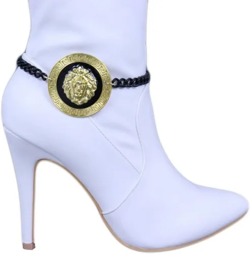 Vista 5 de Trendy Fashion Jewelry Pulsera de metal negro con cadena de botas occidentales para mujer, pulsera de tobillo grande león dorado para zapatos, Metal