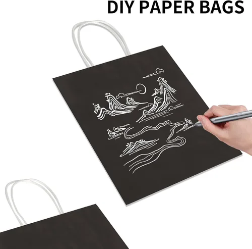 Vista 5 de Toovip - Paquete de 50 bolsas de papel kraft negro mediano de 8"x4.75"x10" con asas a granel, bolsas de papel para envolver regalos para recuerdos