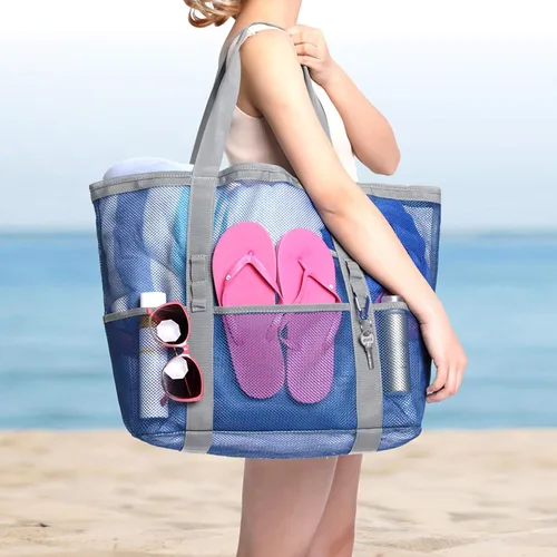 Vista 2 de F-color Bolsa de playa, bolsa de playa de malla de gran tamaño, 9 bolsillos, bolsa de toalla de playa