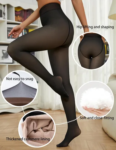 Vista 2 de Bontierie Women Fake Transparent Tight Fleece Lined Thick High Waist Elasticity Thermal Pantyhose Warm leggings For Winter