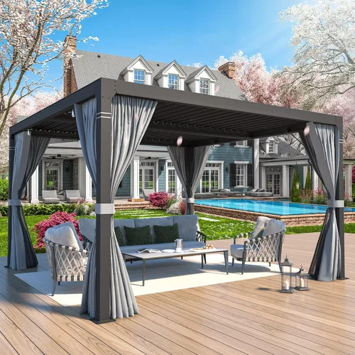 Vista 10 de MELLCOM Pérgola con Persianas – Pérgola de Aluminio de 10 x 10 pies con techo de persianas ajustables y cortinas y redes impermeables