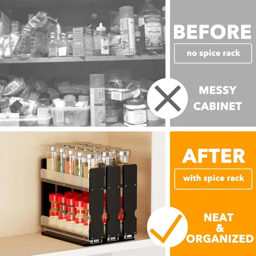 Vista 2 de SpaceAid Organizador de especias extraíble de bambú para gabinete, organizador de condimentos deslizante y resistente para despensa de cocina