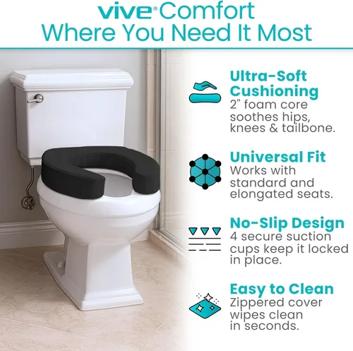 Vista 3 de Asiento de Inodoro Vive (Espuma Acolchada Suave) - Fácil de Limpiar, Acolchado Suave para Baño - Apto para Asientos Estándar y Alargados - Donut