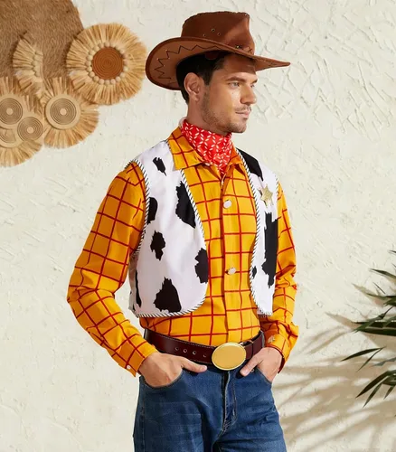 Vista 2 de Disfraz de sheriff de vaquero occidental para hombre, con botones, kit de camisa a rayas (amarillo, S)