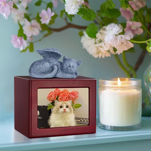 Vista 6 de Urna de gato para cenizas, recuerdo de madera para cenizas con marco de fotos, caja de cremación roja cereza con estatua de resina y bolsas