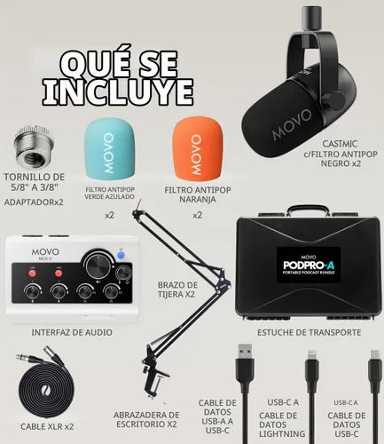 Vista 8 de Movo - Paquete de equipo de podcast portátil para teléfonos iPhone/Android, kit de podcast con interfaz de audio, 2 micrófonos dinámicos CastMic, 2