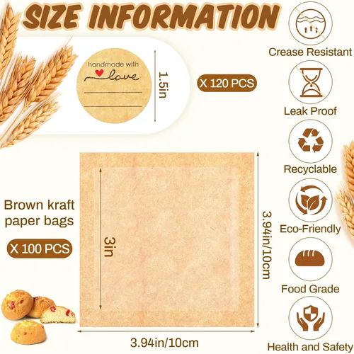 Vista 2 de Outus 100 bolsas de empaque para galletas con sello, bolsas de panadería de 3 x 3 pulgadas con ventana, papel resistente a la grasa termosellable