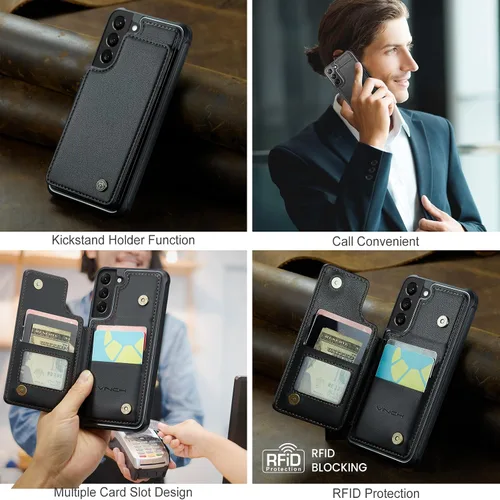 Vista 3 de Vinich - Funda tipo cartera para Samsung Galaxy S22 con tarjetero, color negro Ranuras de crédito con bloqueo RFID, soporte para teléfono a prueba