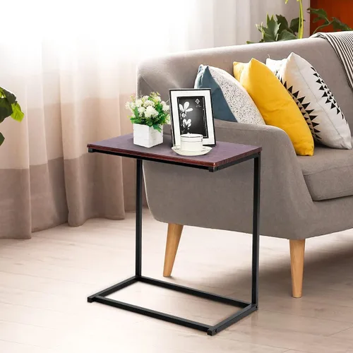 Vista 2 de Mesa auxiliar para sofá cama, mesa auxiliar compacta en forma de C con acabado de madera y marco de metal, mesa de bandeja de TV portátil para café