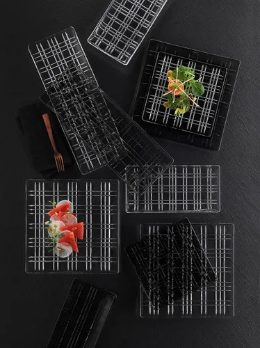 Vista 4 de Nachtmann - Plato rectangular cuadrado de 16.5 pulgadas, plato de vidrio con diseño geométrico lineal para una estética elegante, cristalería