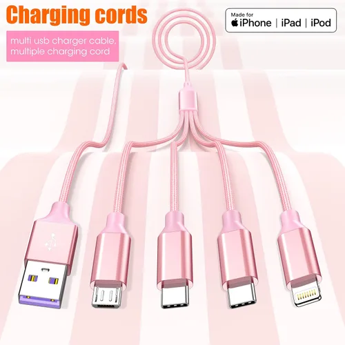 Vista 5 de Doub Tyep-C - Cable de carga múltiple 4 en 1 de 4 pies, cable de carga de nailon trenzado Lightning para iPhone, cable de carga universal con tipo