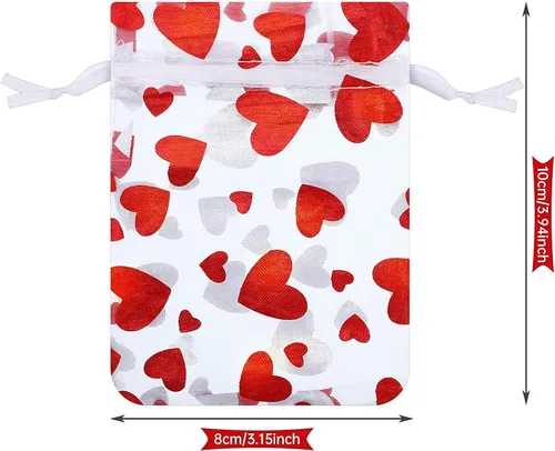 Vista 5 de SIROGOGO 50 bolsas de organza para el día de San Valentín, bolsas de dulces de corazón rojo, bolsas de joyería, bolsas con cordón para embalaje