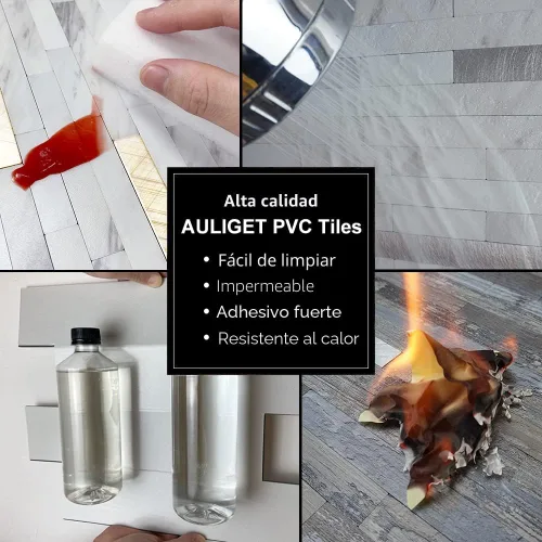 Vista 5 de AULIGET - 20 láminas de azulejos de pared de PVC autoadhesivos con aspecto de madera desgastada, para salpicadero de cocina Madera vintage + metal