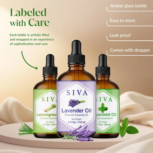 Vista 3 de Siva - Paquete de aceite esencial de lavanda, menta y citronela, 4 onzas, súper ahorrador, juego de calidad premium para aromaterapia, masaje