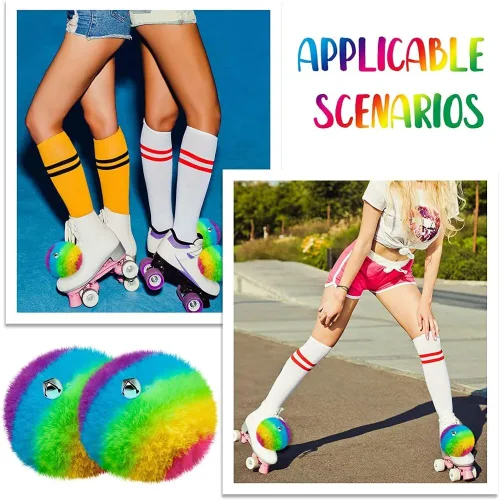 Vista 6 de HOMU 2 pompones de patín con pompones de piel sintética para niñas y mujeres, con cascabeles y rodillos, con pompones y pompones de piel sintética