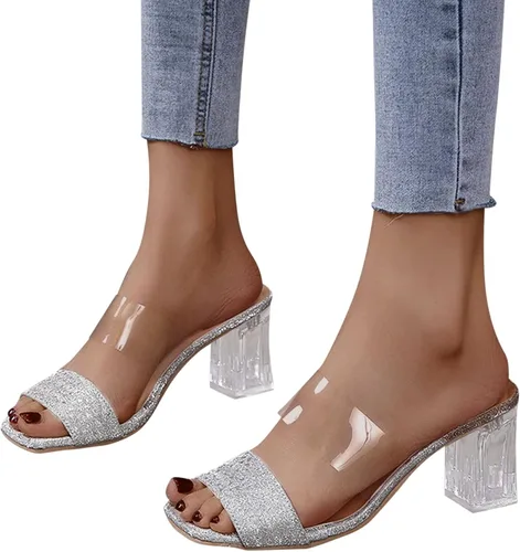 Vista 4 de Women Sandals Ladies Shoes Summer Slip On Transparent Glitter Crystal Chunky Heel Sandals Zapatos de gimnasio mujeres