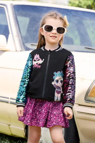 Vista 2 de L.O.L. Surprise! Chaqueta con cremallera de lentejuelas para niña pequeña, chaqueta con estampado de personajes de manga larga