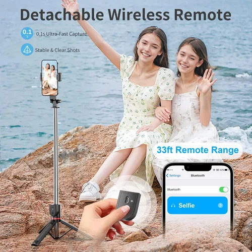 Vista 4 de Palo selfie para iPhone, trípode giratorio de 360° para teléfono con control remoto desmontable, soporte de trípode portátil para grabación