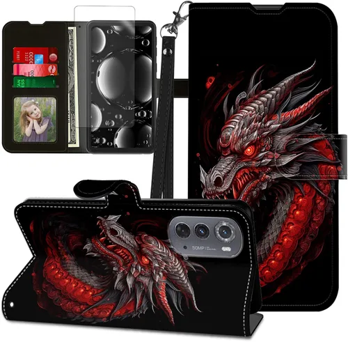 Vista 258 de Funda para Motorola Edge 2022 con protector de pantalla, soporte y tarjetero y correa para la muñeca, funda magnética para Moto Edge 2022 5G UW Lobo