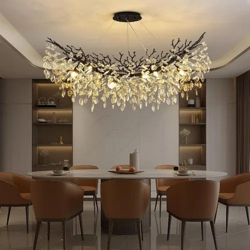 Vista 14 de Candelabro rectangular con ramas de árbol de cristal, L40 pulgadas, Mpdern de lujo cromado lineal Art Deco con forma de gota de lluvia para cocina