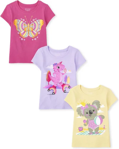 Vista 4 de The Children's Place Camisetas estampadas de manga corta para bebés y niñas pequeñas, con diseño de unicornios y mariposas, a la moda, paquete de 3