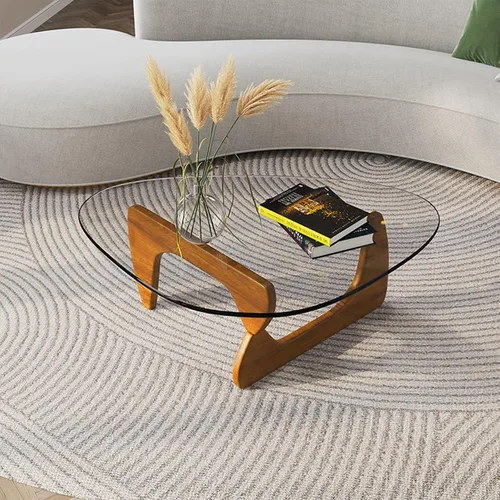 Vista 3 de Mesa auxiliar de cristal, mesa moderna para sala de estar, mesas auxiliares ovaladas pequeñas para espacios pequeños, mesa de curva abstracta