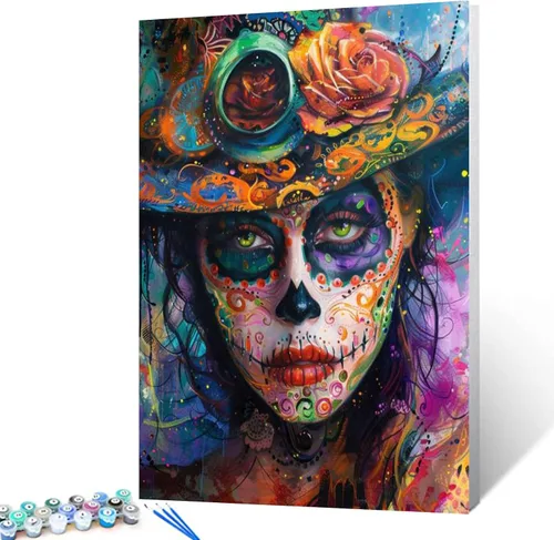 Vista 22 de Pintura por números retrato de niña con sombrero de mago Tucocoo, pintura DIY en lienzo con pinceles, pinturas acrílicas, calabaza de Halloween