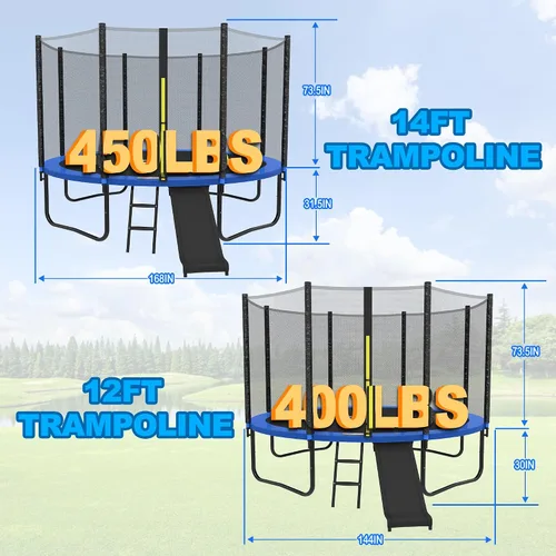 Vista 6 de Trampolines de 12 pies y 14 pies con red de seguridad deslizante, trampolín al aire libre para niños y adultos con alfombrilla de salto resistente