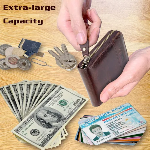 Vista 3 de Admetus - Cartera de piel auténtica para hombre con cremallera, plegable