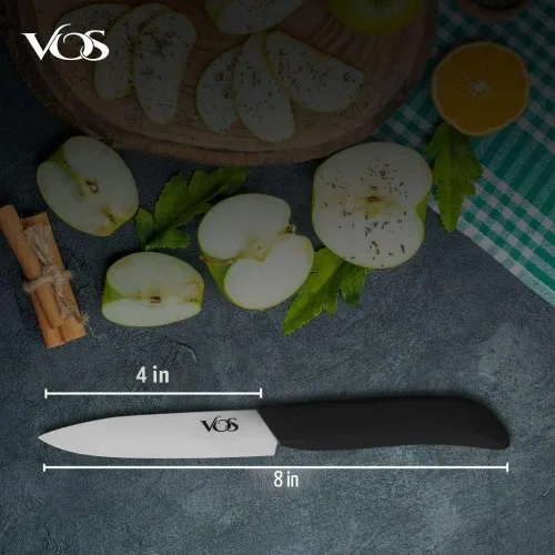 Vista 5 de Vos Cuchillo de pelar de cerámica - Hoja de circonia de 4 pulgadas con funda protectora - Cuchillo de cocina para frutas y verduras (Negro)