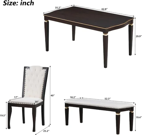 Vista 145 de Juego de mesa de comedor vintage de 6 piezas, juego de mesa de comedor de cocina de madera maciza con 4 sillas ergonómicas acolchadas y banco, mesa