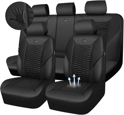 Vista 18 de CAR PASS Juego completo de fundas para asientos de coche de malla de espuma 3D de cuero, fundas para asientos de coche de malla transpirable