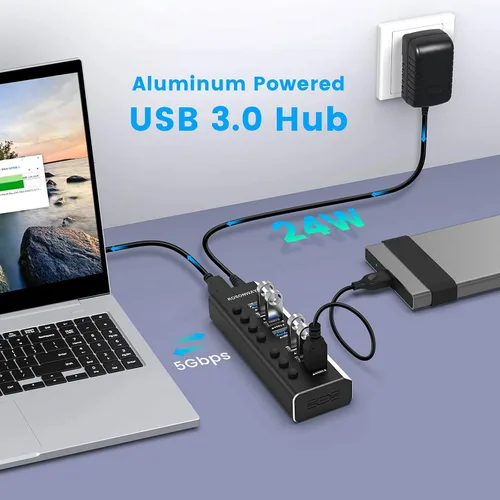 Vista 2 de Hub USB 3.0 alimentado Rosonway de aluminio con 7 puertos USB 3.0 Divisor de datos con adaptador de alimentación de 24W (12V/2A) y interruptores