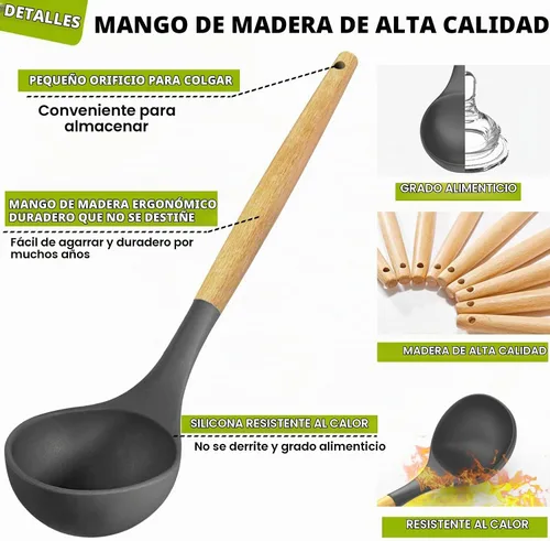 Vista 6 de Umite Chef 36 utensilios de cocina de silicona con soporte, juegos de utensilios de cocina resistentes al calor, mango de madera, utensilios de Gris