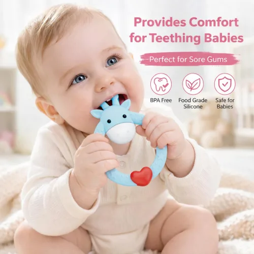 Vista 3 de SHARE&CARE Juguete mordedor de silicona sin BPA con estuche de almacenamiento, para niños mayores de 3 meses, alivio del dolor de encías y baby Azul