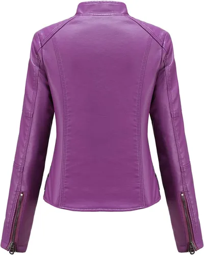 Vista 2 de DEAR MODEL Chaqueta de cuero sintético para mujer, chaqueta de motocicleta con cinturón, morado, XL
