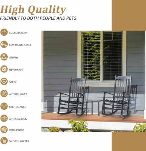 Vista 5 de Outvita Mecedora al aire libre, mecedora de madera maciza con respaldo alto Negro