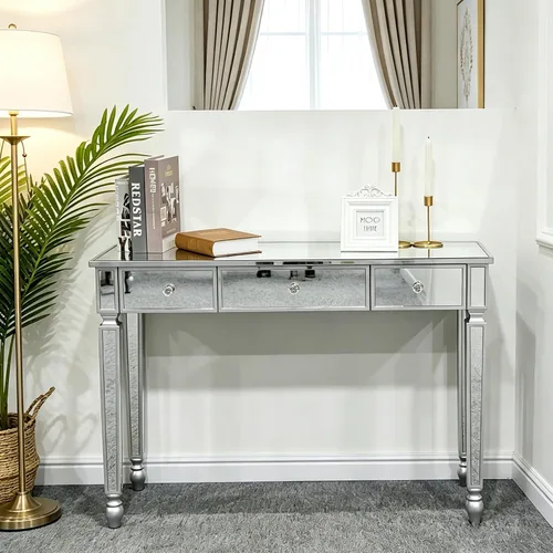 Vista 2 de Henf Mesa de consola con espejo, mesa de tocador de maquillaje, mesa de entrada plateada de 3 cajones para mujeres y niñas, entrada, hogar, oficina