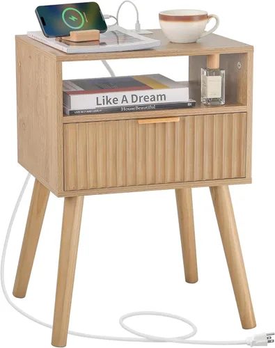 Vista 8 de Fultyle Mesita de noche pequeña, mesita de noche de madera con cajón acanalado y estante Marrón rústico
