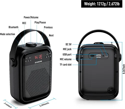 Vista 8 de ZOWEETEK Amplificador de Voz con Micrófono Inalámbrico de Mano, Amplificador de Voz Inalámbrico para Profesores, Altavoz y Micrófono de Sistema PA