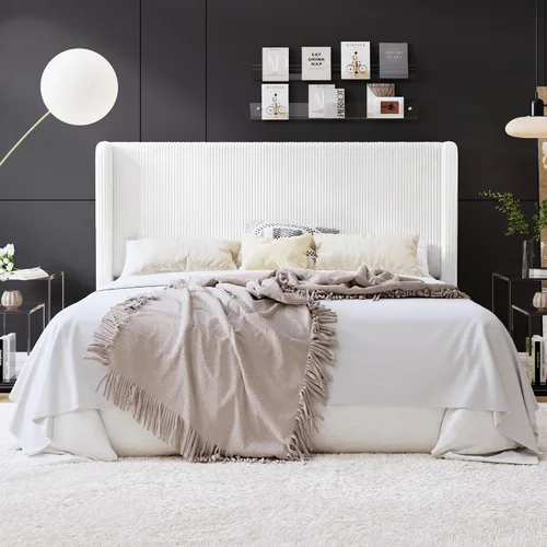 Vista 18 de SHA CERLIN - Base de cama tamaño Full tapizada en pana con plataforma y cabecera acolchada con diseño acanalado vertical estilo wingback, 8