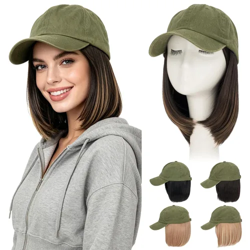 Vista 37 de Hairro Peluca de gorra de béisbol con cabello adjunto, corto estilo Bob ajustable, extensiones de cabello sintético para mujeres, balayage