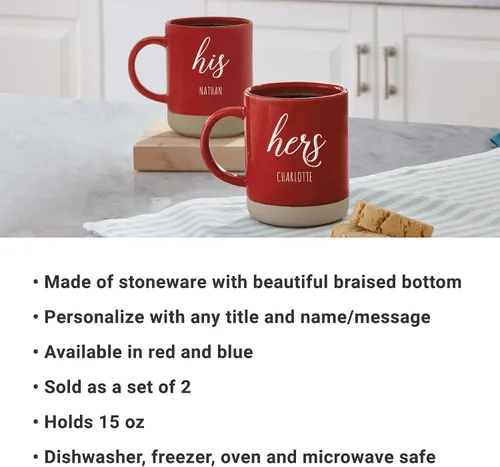 Vista 3 de Let's Make Memories Juego de 2 tazas de gres personalizadas, para el día de San Valentín, para parejas, para bodas, aniversarios, color azul, diseño