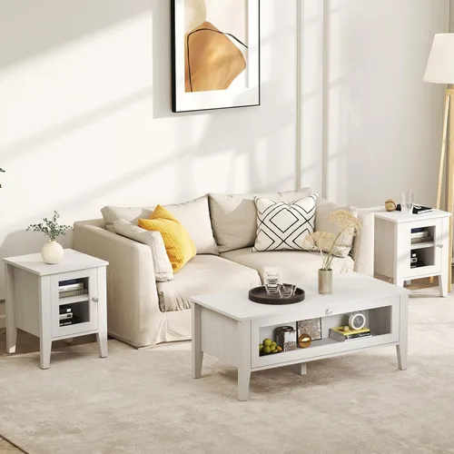Vista 5 de Bonzy Home Mesa de centro moderna blanca con almacenamiento de puerta de vidrio, mesa central rectangular de madera para sala de estar, 39.4 x 18.9