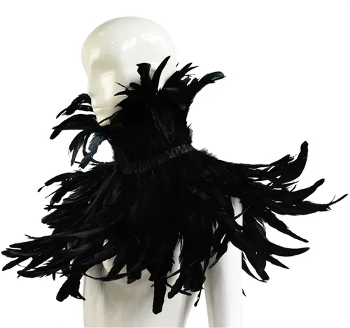 Vista 4 de Homelex, chal de pluma natural negro gótico con cuello de gargantilla