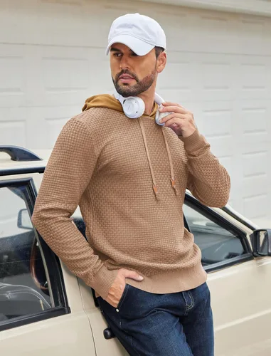 Vista 34 de COOFANDY Sudadera con capucha para hombre, casual, de manga larga, con cordón, de punto gofre, ajustada