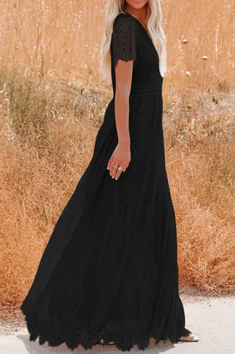 Vista 8 de PRETTYGARDEN - Vestido largo de encaje floral para mujer, manga corta, cuello en V, vestidos de fiesta para boda y para la noche