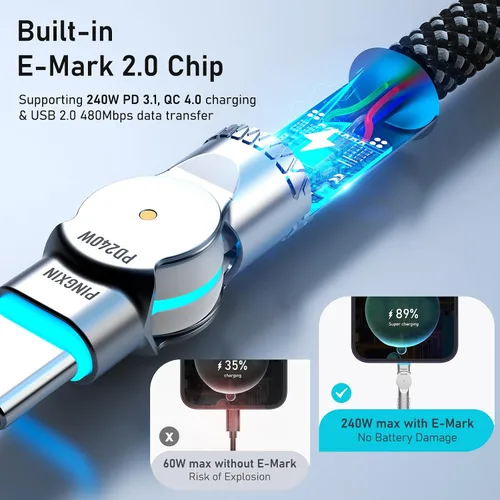Vista 5 de Cable USB C de 3.3 pies, 240 W, trenzado, giratorio de 180°, USB C a USB C, cable USB 2.0, tipo C, cable de carga para iPhone 16/16Pro/16Plus/16Pro