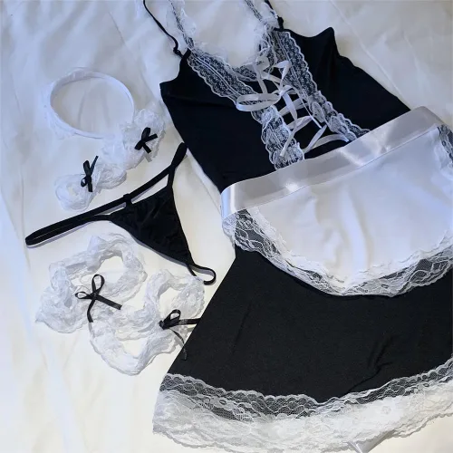 Vista 7 de QNCLO Delantal de sirvienta francesa de anime para mujer, uniforme de Navidad, bola de maquillaje, ropa interior grande